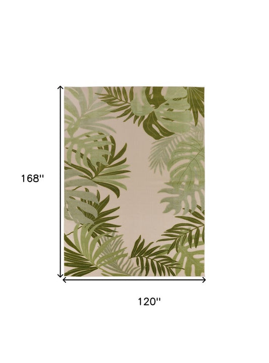 10' X 14' Ivory And Green Palm Leaf Indoor Outdoor Area Rug