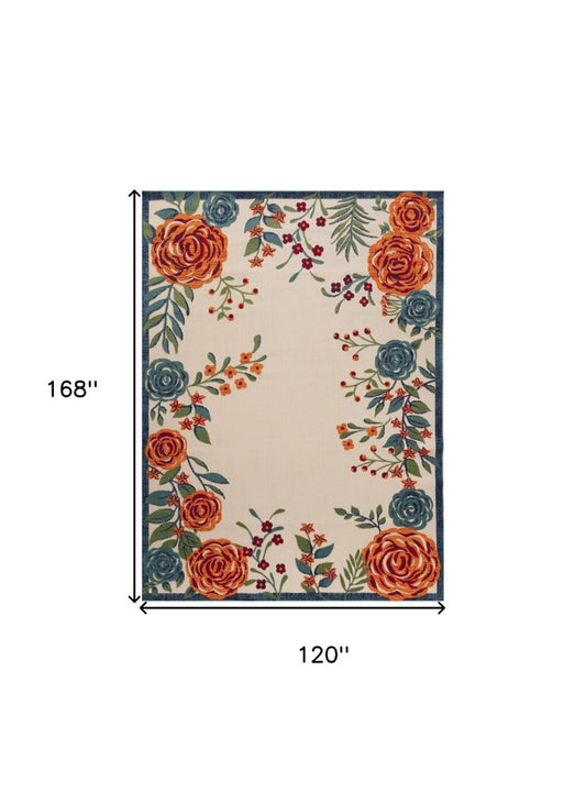 10' X 14' Ivory Orange Blue And Green Floral Indoor Outdoor Area Rug