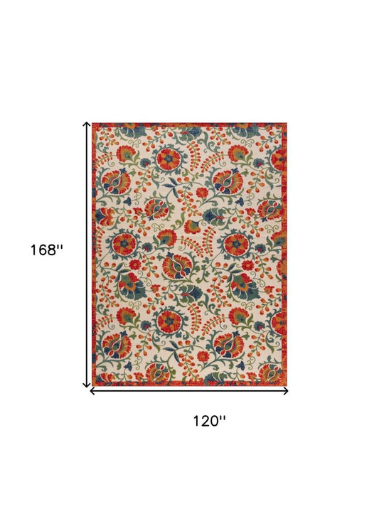 10' X 14' Ivory Orange Blue Green And Red Floral Indoor Outdoor Area Rug