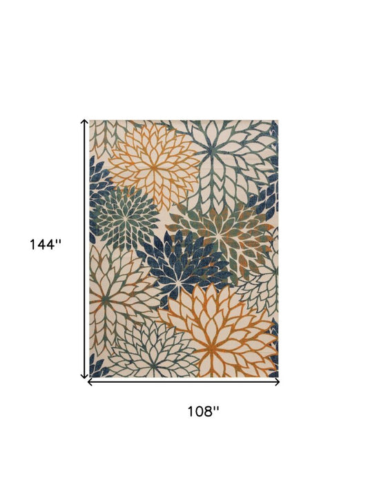 9' X 12' Blue Green Ivory And Orange Floral Indoor Outdoor Area Rug