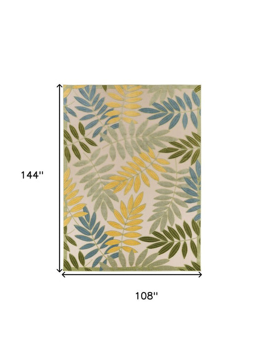9' X 12' Green Yellow Blue Ivory And Dark Green Palm Leaf Indoor Outdoor Area Rug