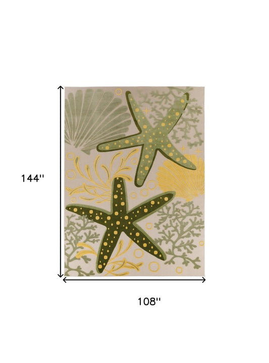 9' X 12' Green Yellow Blue Ivory And Dark Green Starfish Indoor Outdoor Area Rug
