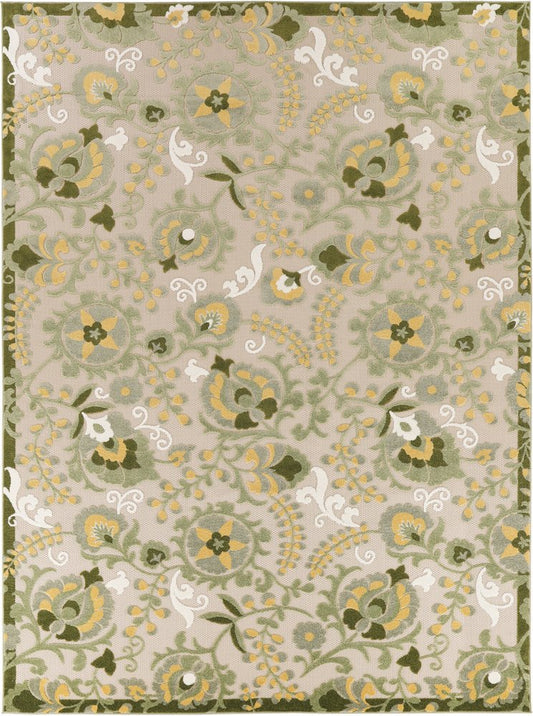 9' X 12' Ivory Green And Yellow Floral Indoor Outdoor Area Rug