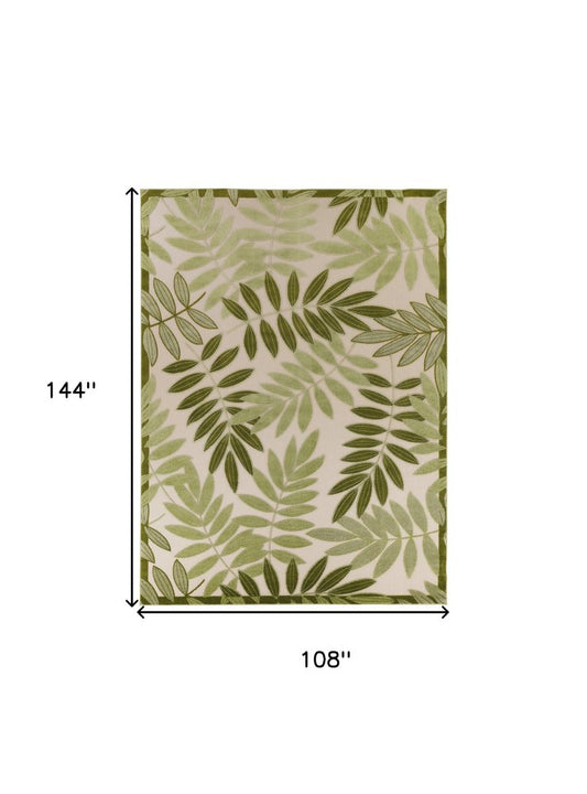 9' X 12' Ivory And Green Palm Leaf Indoor Outdoor Area Rug