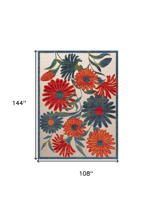 9' X 12' Ivory Red Blue And Green Floral Indoor Outdoor Area Rug