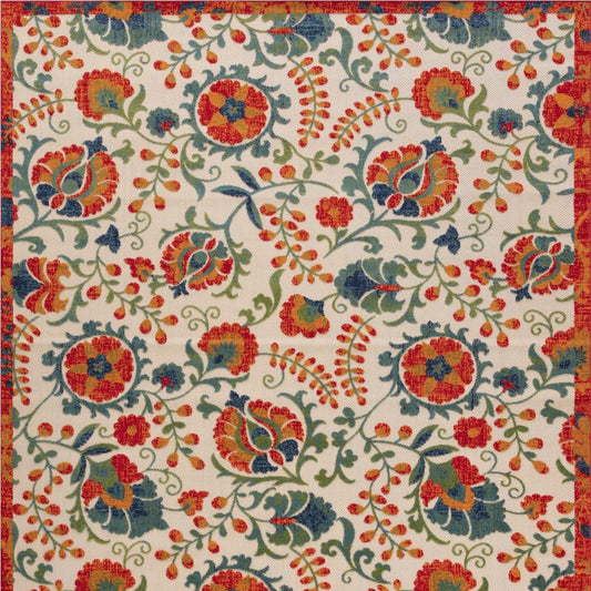 9' X 12' Ivory Red Blue And Green Floral Indoor Outdoor Area Rug