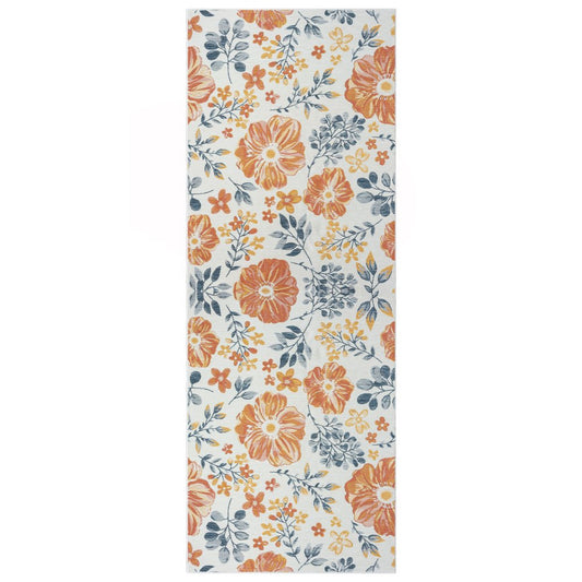 2' X 8' Ivory Orange and Blue Floral Stain Resistant Indoor Outdoor Runner Rug