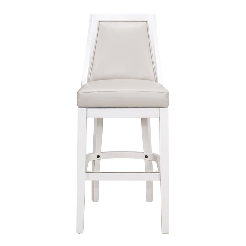 31" Gray And White Faux Leather And Solid Wood Bar Height Swivel Bar Chair