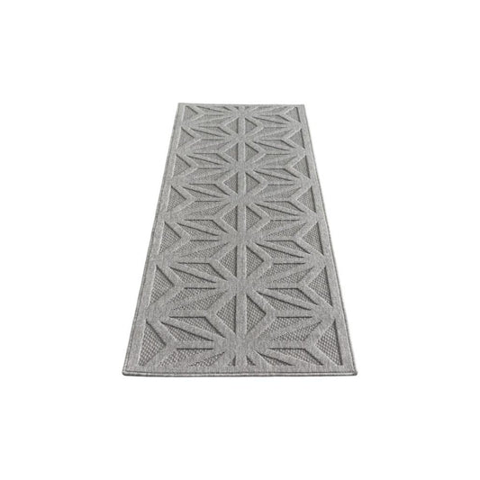 10' Light Gray And Gray Geometric Indoor Outdoor Runner Rug