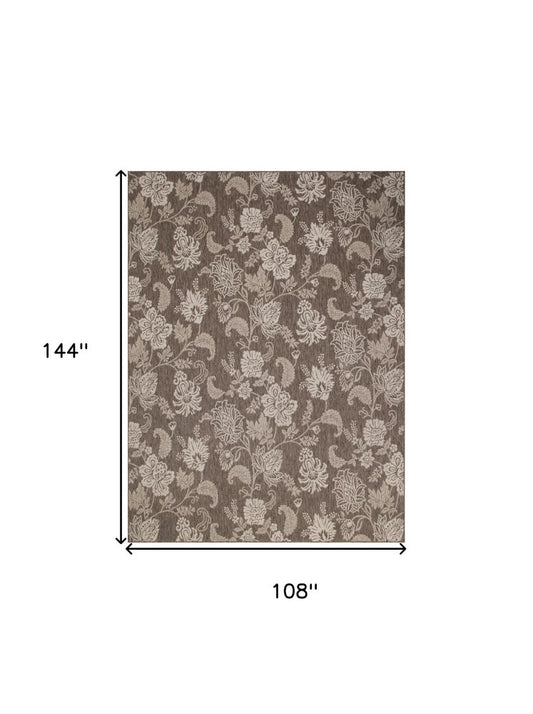 9' X 12' Brown And Ivory Floral Indoor Outdoor Area Rug