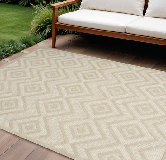 9' X 12' Cream And Beige Geometric Indoor Outdoor Area Rug
