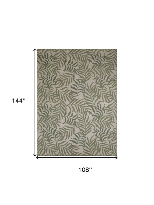 9' X 12' Ivory And Green Palm Leaf Indoor Outdoor Area Rug