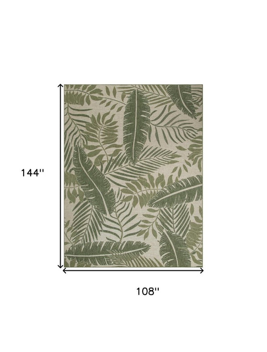 9' X 12' Ivory And Green Palm Leaf Indoor Outdoor Area Rug