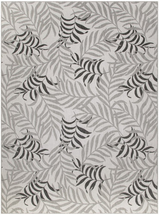 9' X 12' Gray Black And Ivory Palm Leaf Indoor Outdoor Area Rug