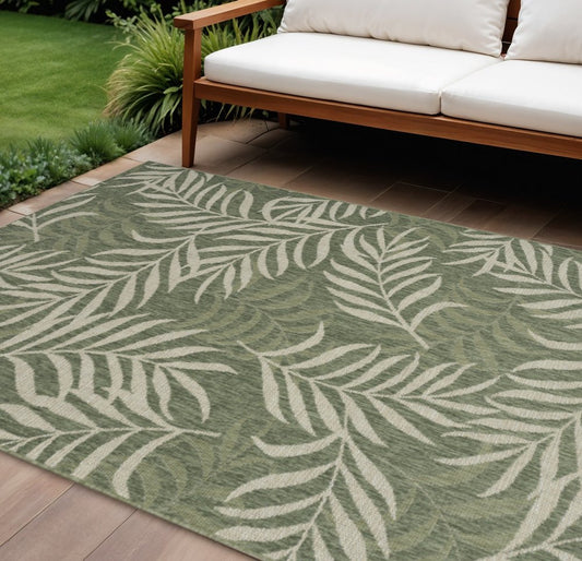 9' X 12' Ivory And Green Palm Leaf Indoor Outdoor Area Rug