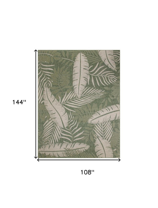 9' X 12' Ivory And Green Palm Leaf Indoor Outdoor Area Rug