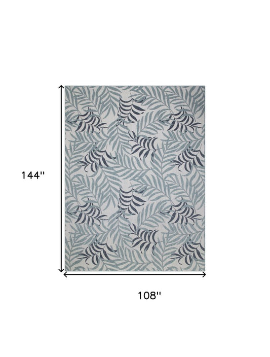 9' X 12' Ivory Sky Blue And Blue Palm Leaf Indoor Outdoor Area Rug