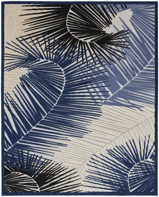 10' X 13' Navy Blue Black And Ivory Palm Leaf Indoor Outdoor Area Rug
