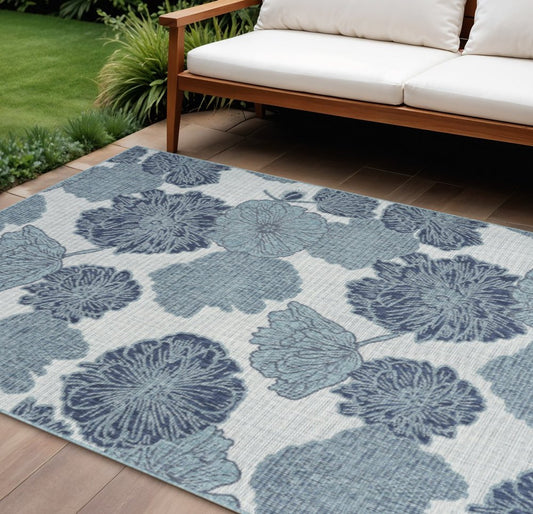 9' X 12' Navy Blue And Ivory Floral Indoor Outdoor Area Rug