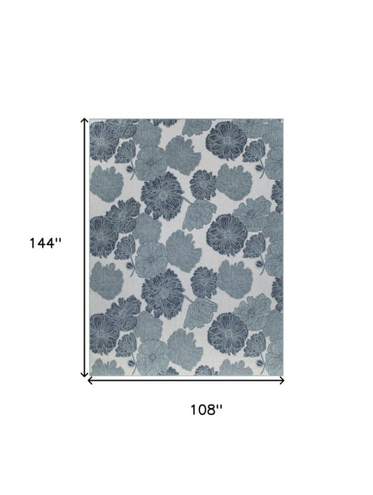 9' X 12' Navy Blue And Ivory Floral Indoor Outdoor Area Rug