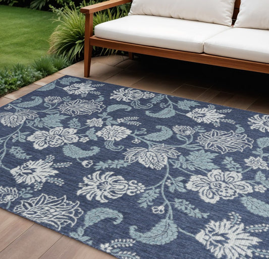 9' X 12' Navy Blue And Ivory Floral Indoor Outdoor Area Rug