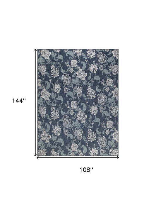 9' X 12' Navy Blue And Ivory Floral Indoor Outdoor Area Rug