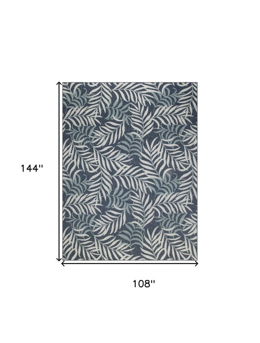 9' X 12' Navy Blue And Ivory Palm Leaf Indoor Outdoor Area Rug