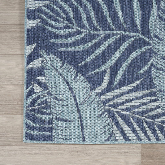 9' X 12' Navy Blue And Ivory Palm Leaf Indoor Outdoor Area Rug