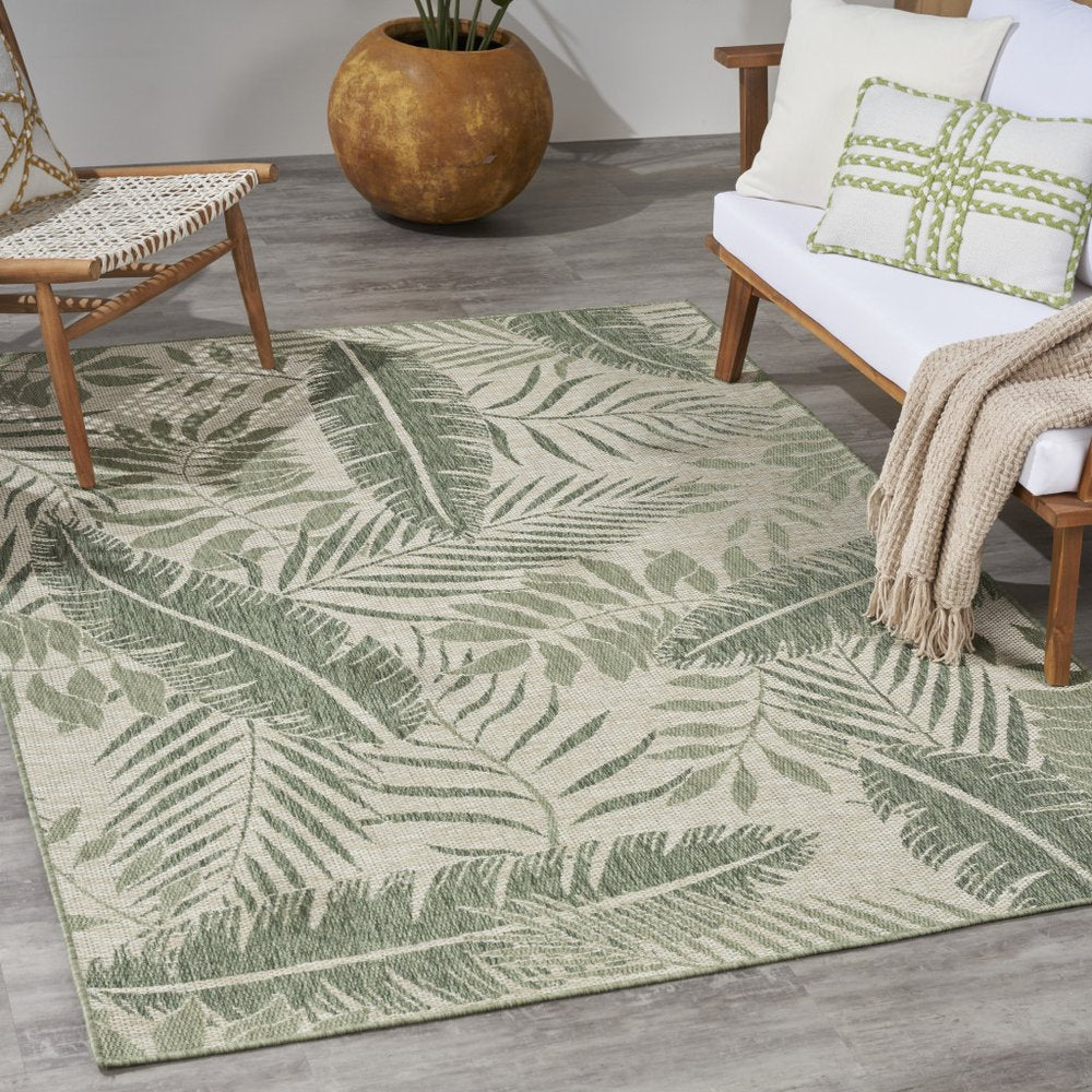 4' X 6' Ivory And Green Palm Leaf Indoor Outdoor Area Rug