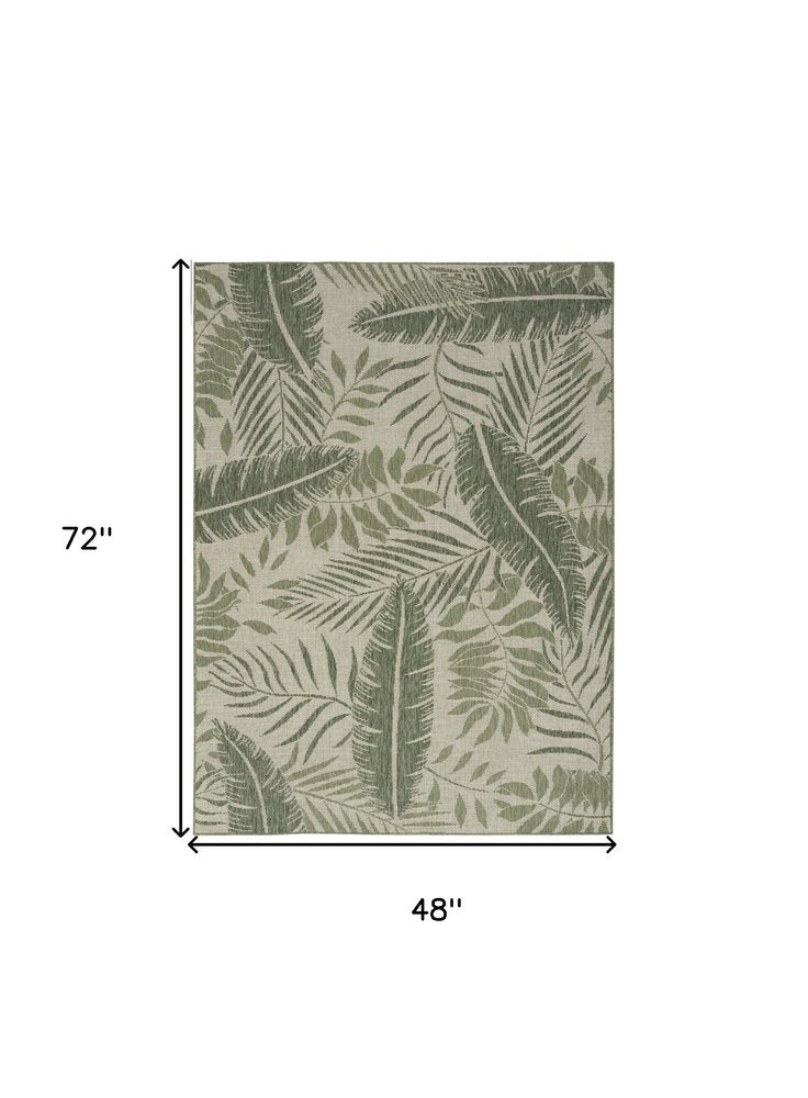 4' X 6' Ivory And Green Palm Leaf Indoor Outdoor Area Rug