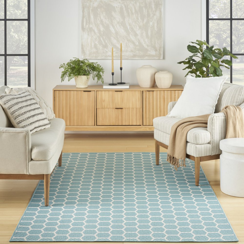 4' X 6' Aqua And Ivory Geometric Indoor Outdoor Area Rug