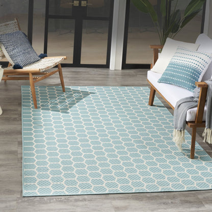 4' X 6' Aqua And Ivory Geometric Indoor Outdoor Area Rug