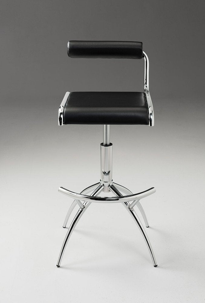 Set of Two Black and Silver Faux Leather and Metal Low Back Adjustable Height Bar Chairs