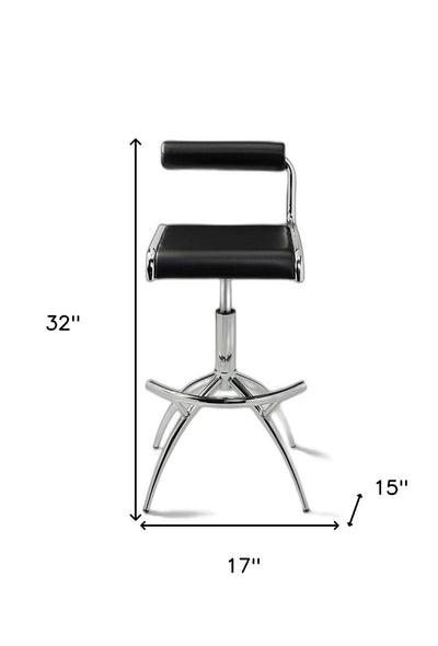 Set of Two Black and Silver Faux Leather and Metal Low Back Adjustable Height Bar Chairs