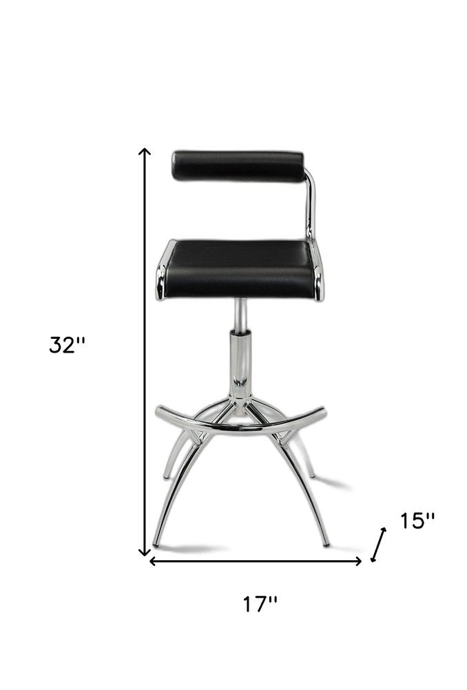 Set of Two Black and Silver Faux Leather and Metal Low Back Adjustable Height Bar Chairs