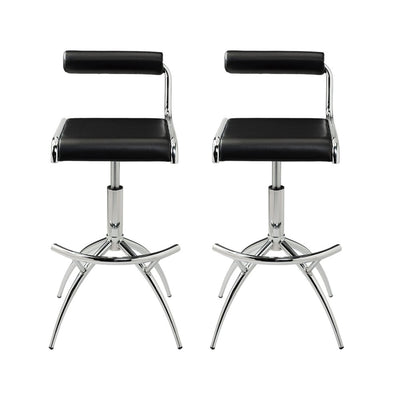 Set of Two Black and Silver Faux Leather and Metal Low Back Adjustable Height Bar Chairs