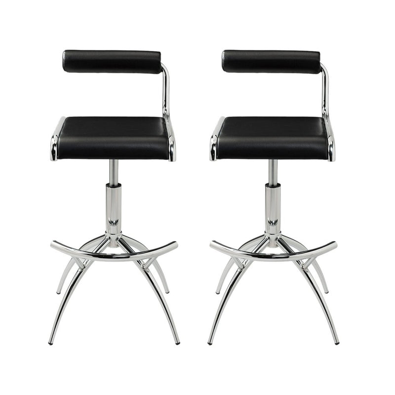 Set of Two Black and Silver Faux Leather and Metal Low Back Adjustable Height Bar Chairs