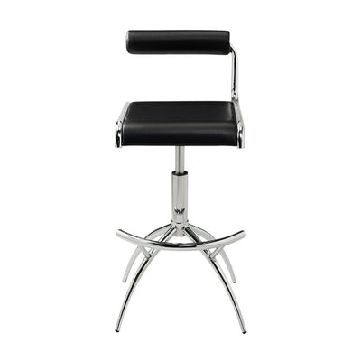 Set of Two Black and Silver Faux Leather and Metal Low Back Adjustable Height Bar Chairs