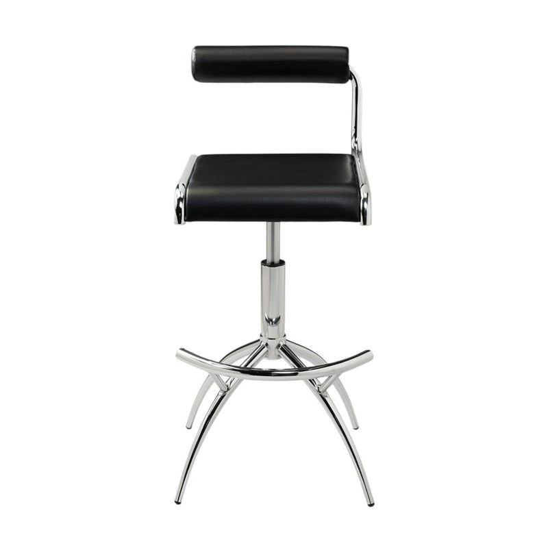 Set of Two Black and Silver Faux Leather and Metal Low Back Adjustable Height Bar Chairs