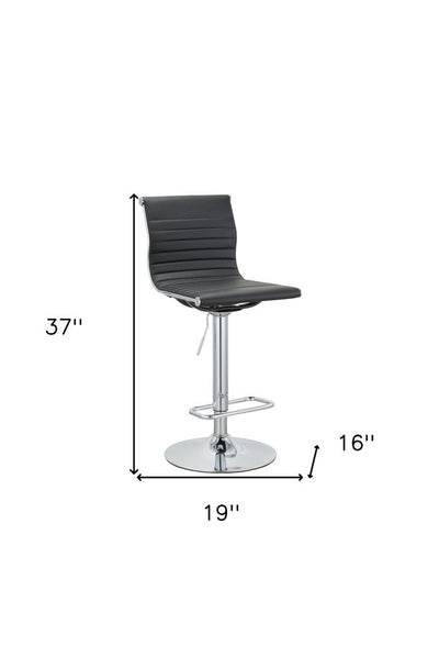 Set of Two Black and Silver Faux Leather and Metal Low Back Adjustable Height Bar Chairs