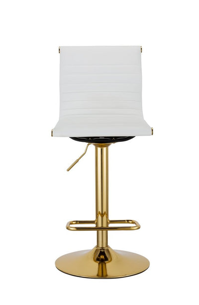 Set of Two White and Gold Faux Leather and Metal Low Back Adjustable Height Bar Chairs