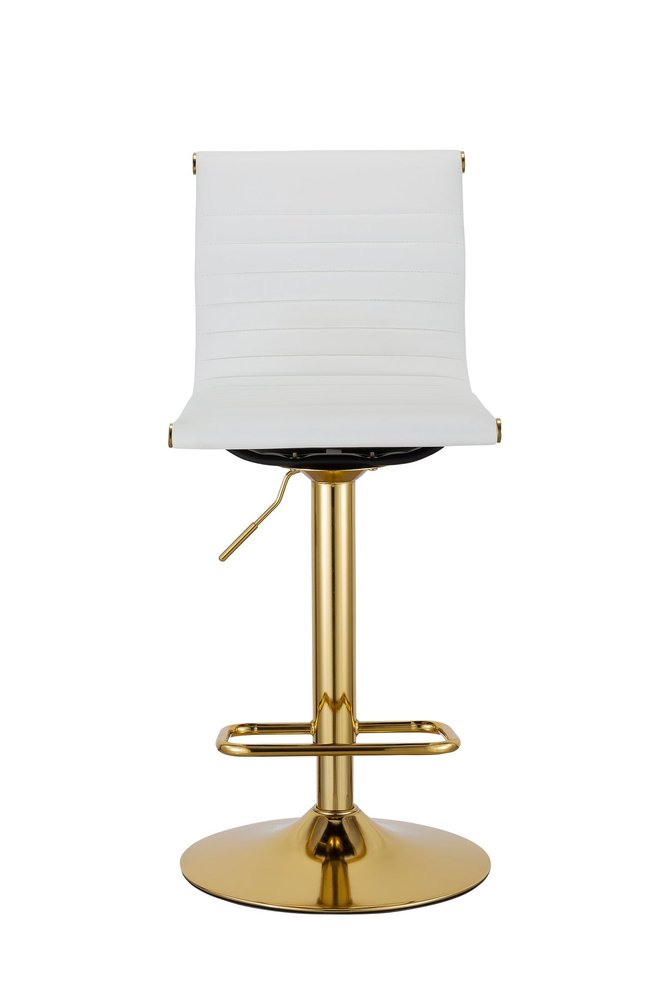 Set of Two White and Gold Faux Leather and Metal Low Back Adjustable Height Bar Chairs