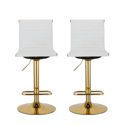 Set of Two White and Gold Faux Leather and Metal Low Back Adjustable Height Bar Chairs