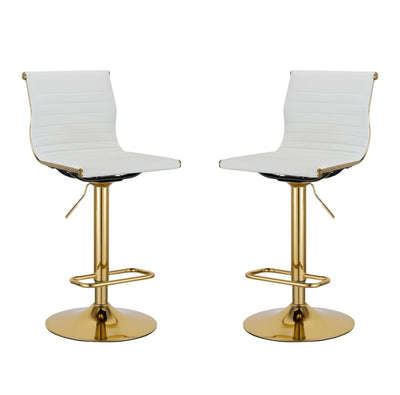 Set of Two White and Gold Faux Leather and Metal Low Back Adjustable Height Bar Chairs