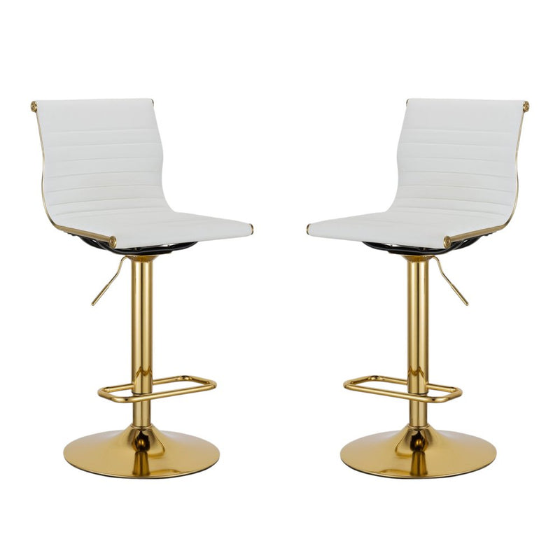 Set of Two White and Gold Faux Leather and Metal Low Back Adjustable Height Bar Chairs
