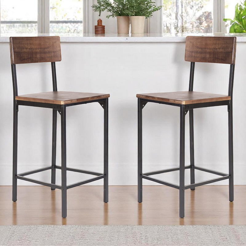 Set of Two 25" Brown and Black Solid Wood and Metal Counter Height Bar Chairs
