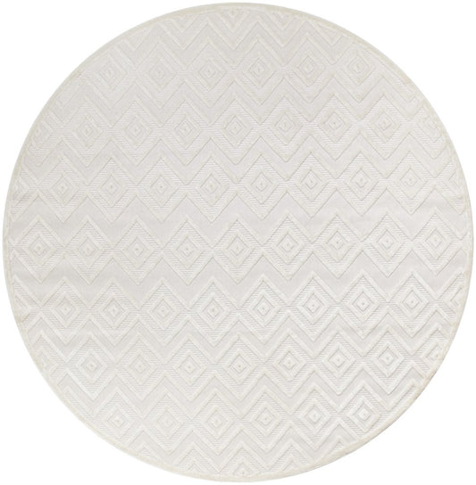 10' Ivory And White Round Geometric Indoor Outdoor Area Rug