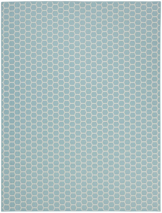 10' X 14' Aqua And Ivory Geometric Indoor Outdoor Area Rug