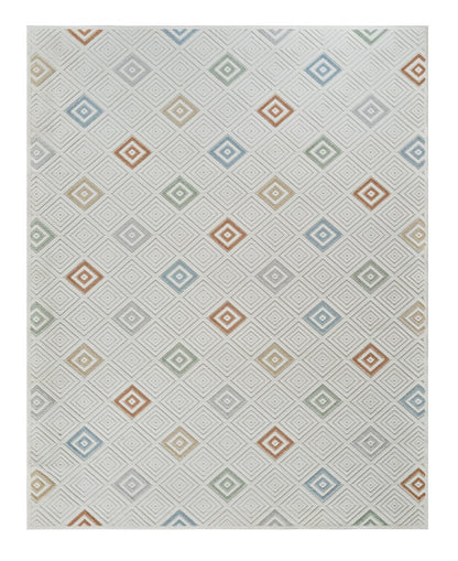 5' X 7' Cream and Beige Geometric Distressed Indoor Outdoor Area Rug