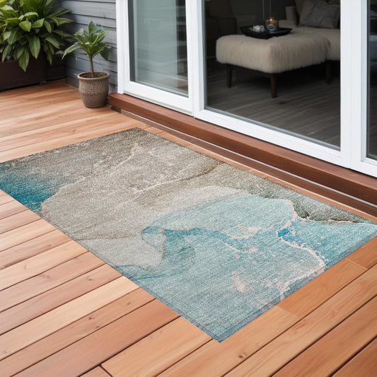 2' X 3' Teal Abstract Washable Non Skid Indoor Outdoor Area Rug